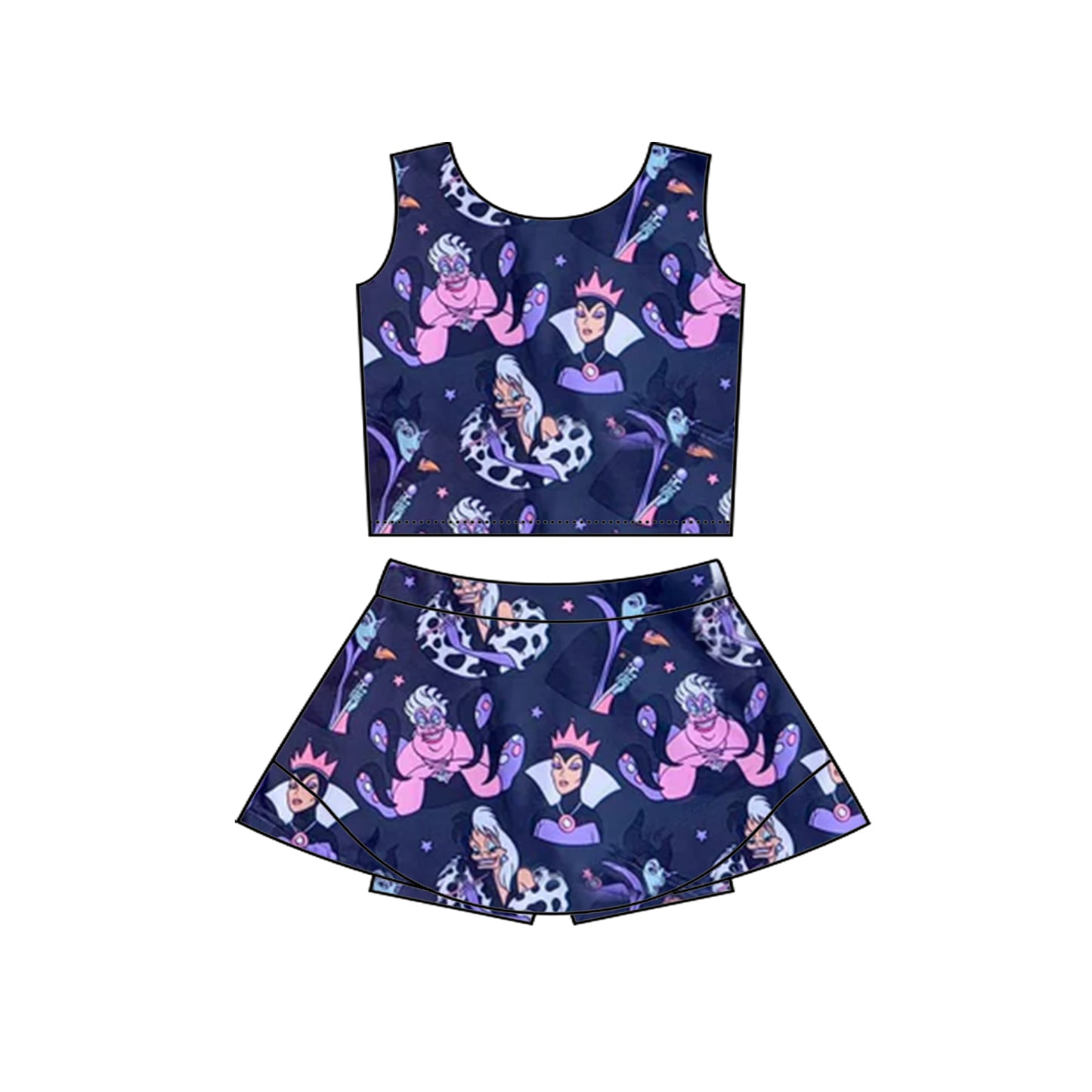 Preorder (moq 5)Baby Girls Sleeveless Cartoon Queen Snakes Vest Top Skorts Set