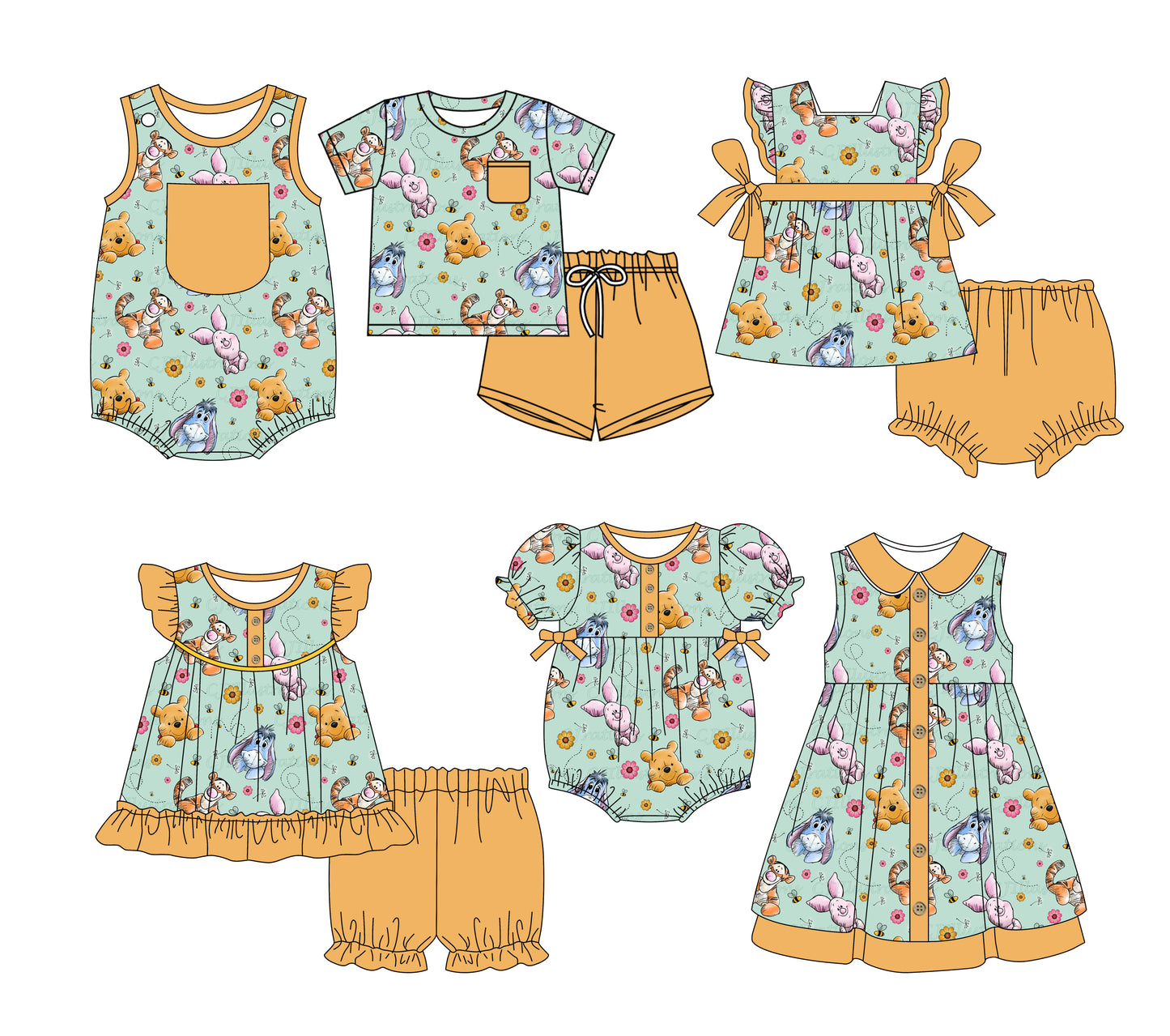 Preorder moq 5 Custom Baby Kids Khaki Pocket Button Bears Floral Bees Top Short Bummies Sets Dresses And Rompers