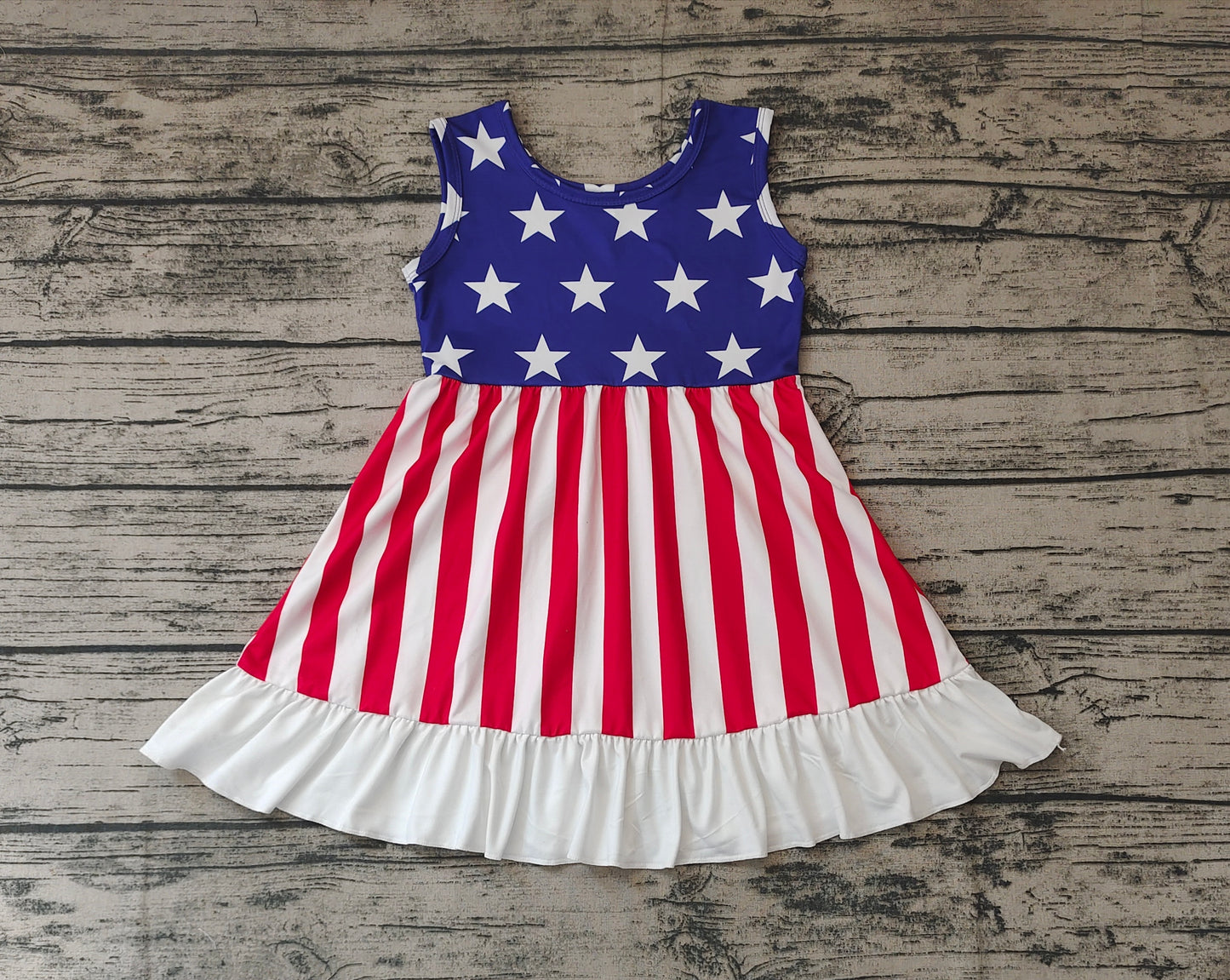Baby Girls Sleeveless 4th Of July Stars Stripes Ruffle Dresses
