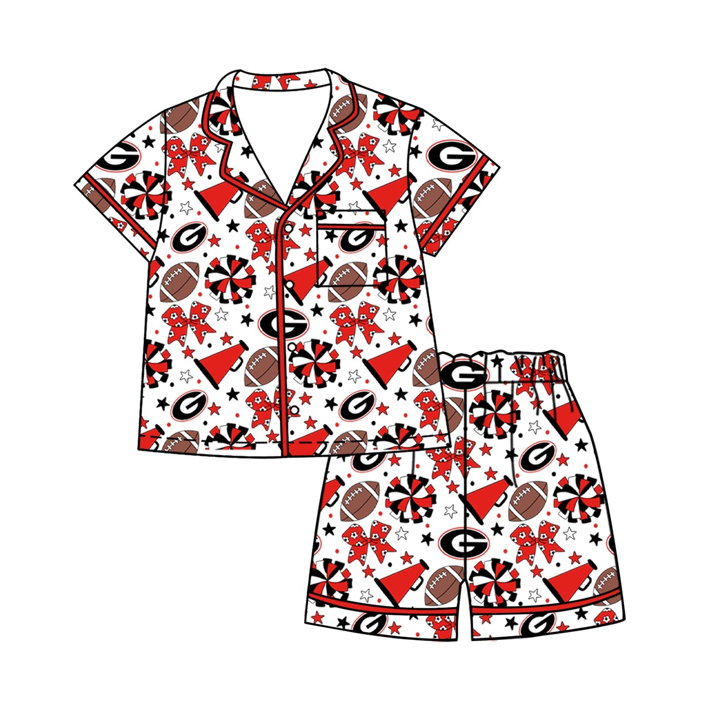 Preorder (moq 5)Baby Girls Footballs Bows Button Pocket Top Short Team Clothes Sets