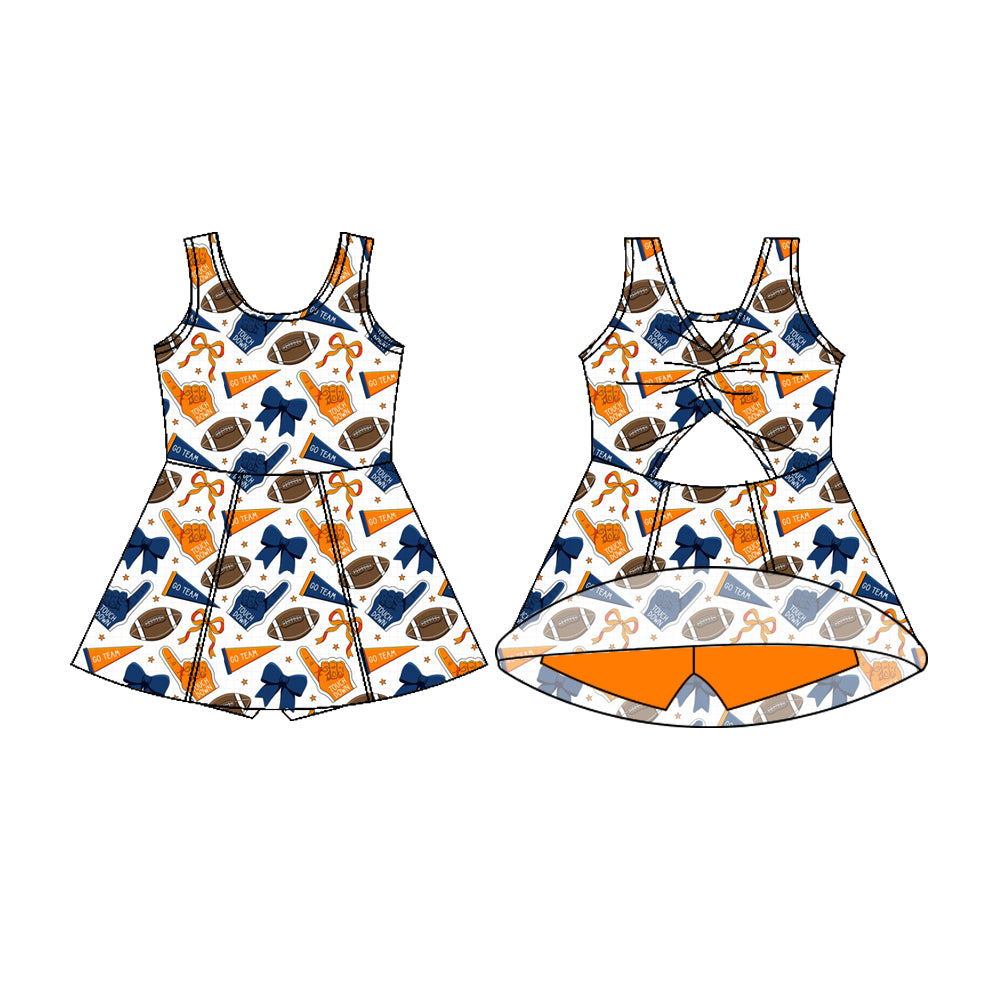 Preorder (moq 5)Baby Girls Sleeveless Orange Blue Bows Footballs Shorts Team Knee Length Dress