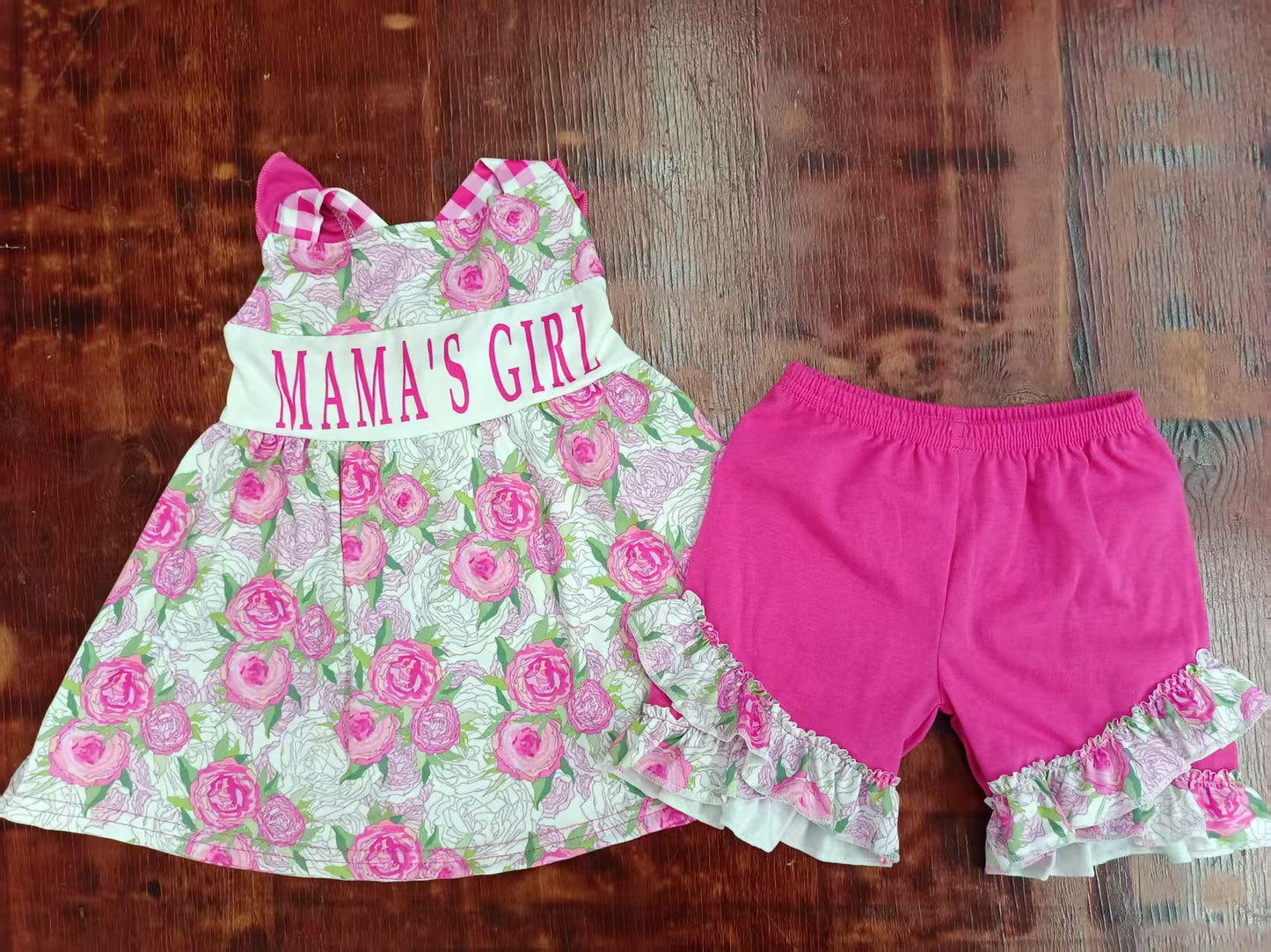 Preorder moq 5 Baby Girls Pink Strap MAMA'S GIRL Flowers Tunic Ruffle Shorts Set