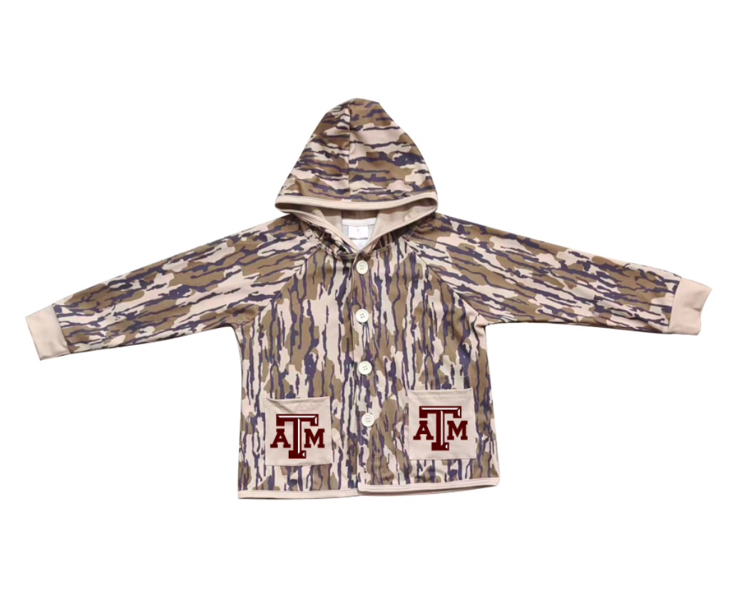 Preorder (moq 5)Baby Boys Olive Camo ATM Pockets Team Button Hoodie Jackets Top