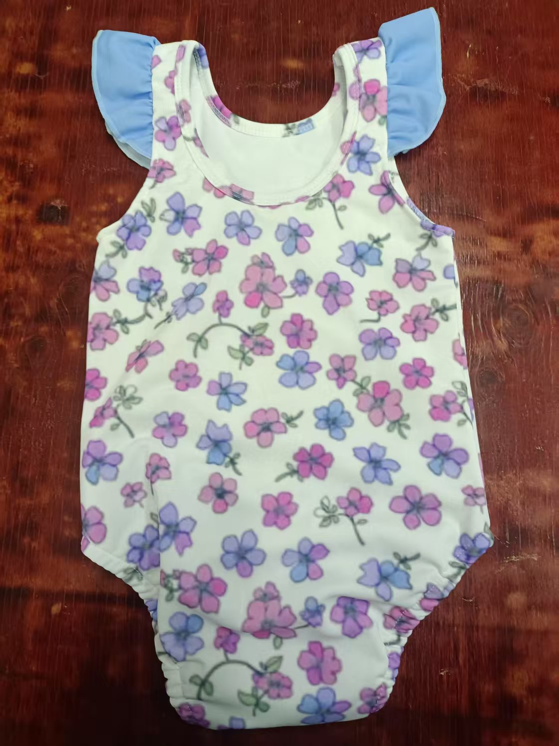 Preorder moq 5 Baby Girls Blue Flutter Sleeves Flowers One Piece Swimsuits