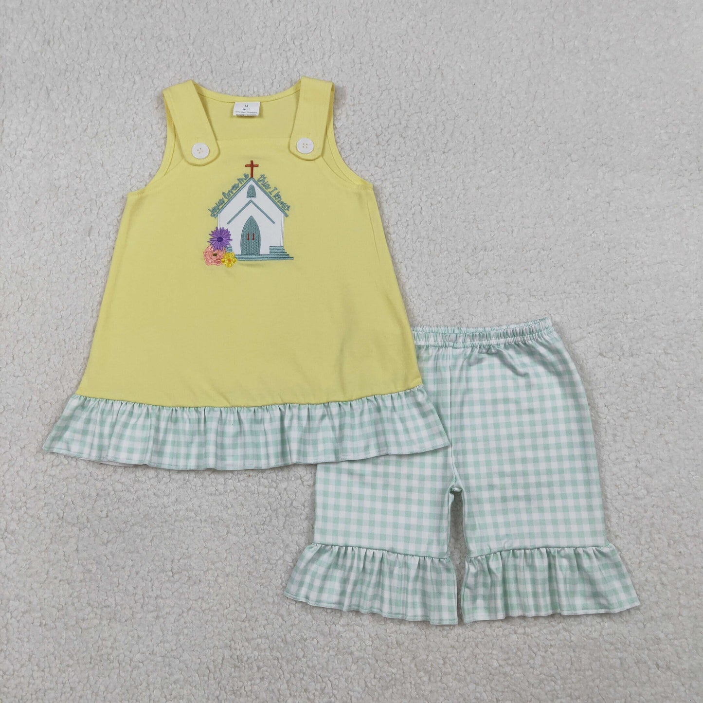 Embroidery Church Cross Baby Girls Tunic Checked Ruffle Shorts Clothes Sets