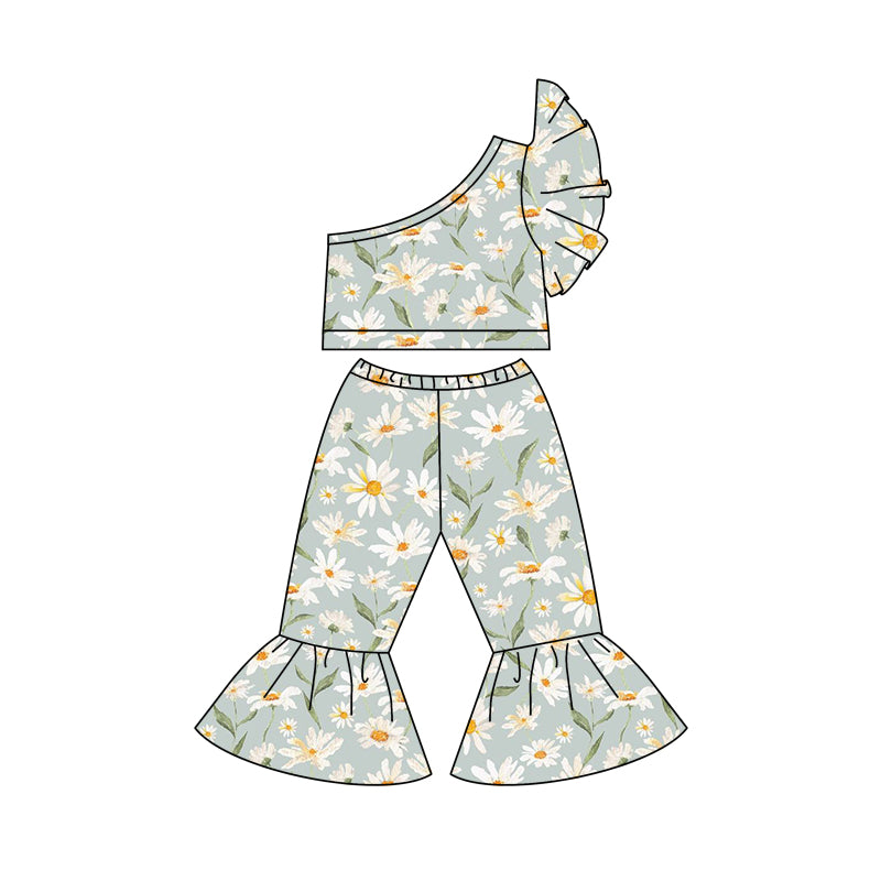 Baby Girls One Shoulder Green Flowers Top Bell Pants Clothes Sets preorder (moq 5)