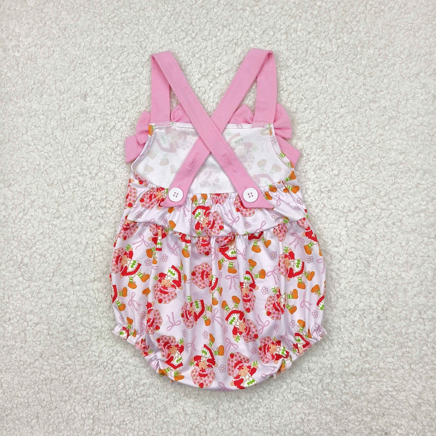 Sibling Baby Girls Pink Strap Bows Strawberry Floral Knee Length Dresses Rompers