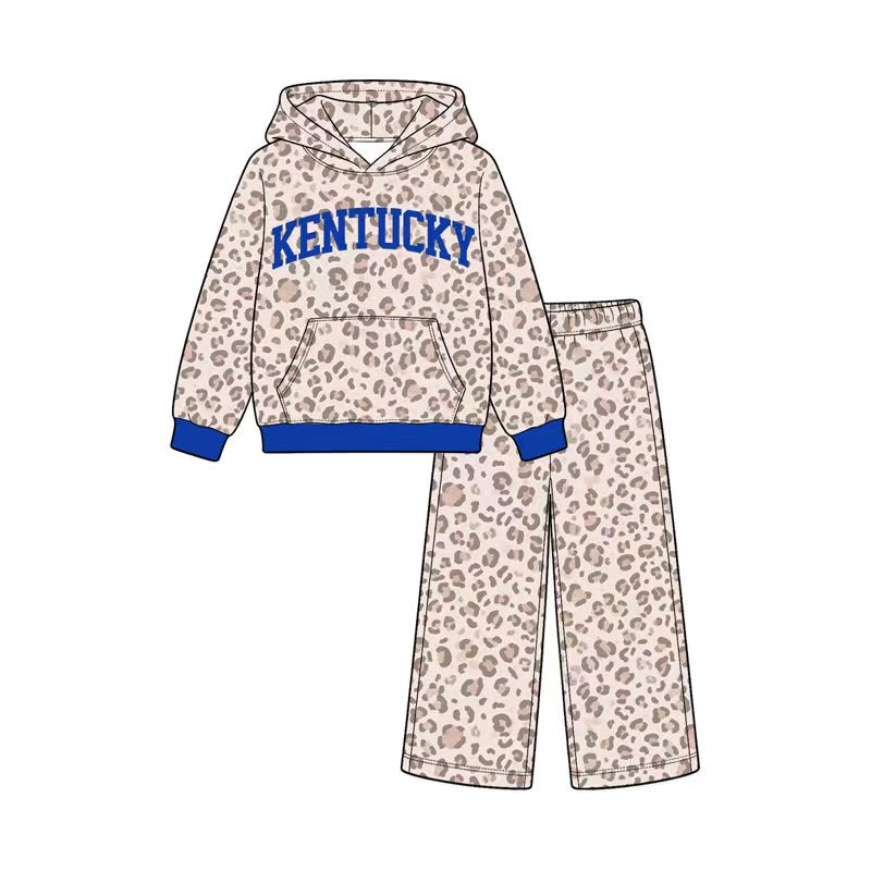 Preorder (moq 5) Baby Girl Clothes Kentucky Letter Leopard Print Long Sleeve Hoodie Wide Leg Pant Set