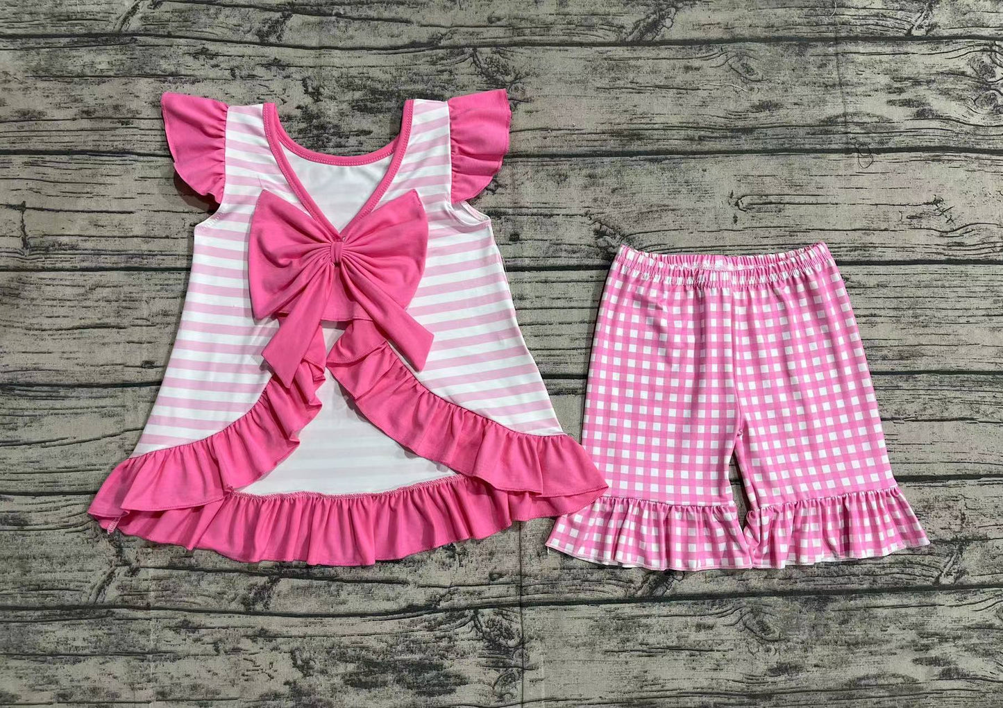 Baby Girls Pink Stripes I Love Dad Bow Tunic Top Ruffle Shorts Clothes Sets