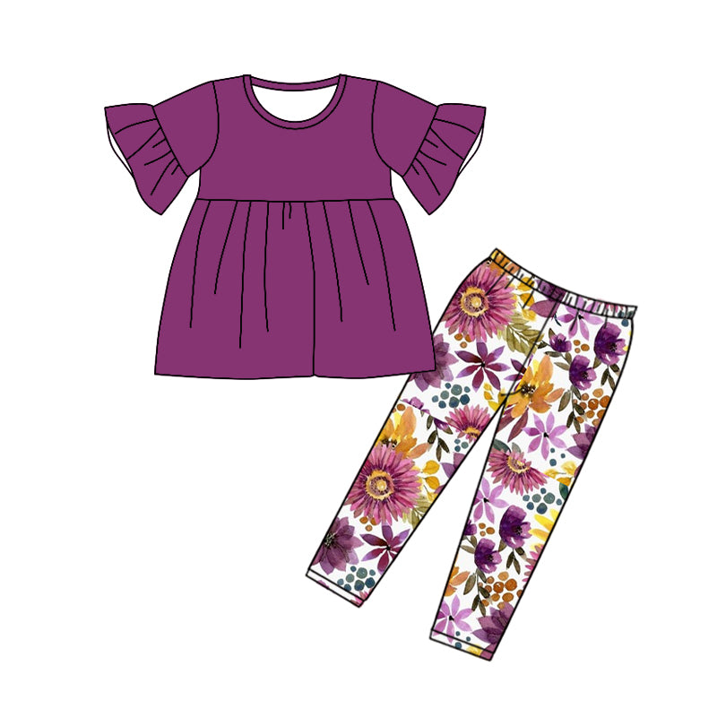 Baby Girls Purple Tunic Dark Flowers Pants Clothes Sets Preorder(moq 5)