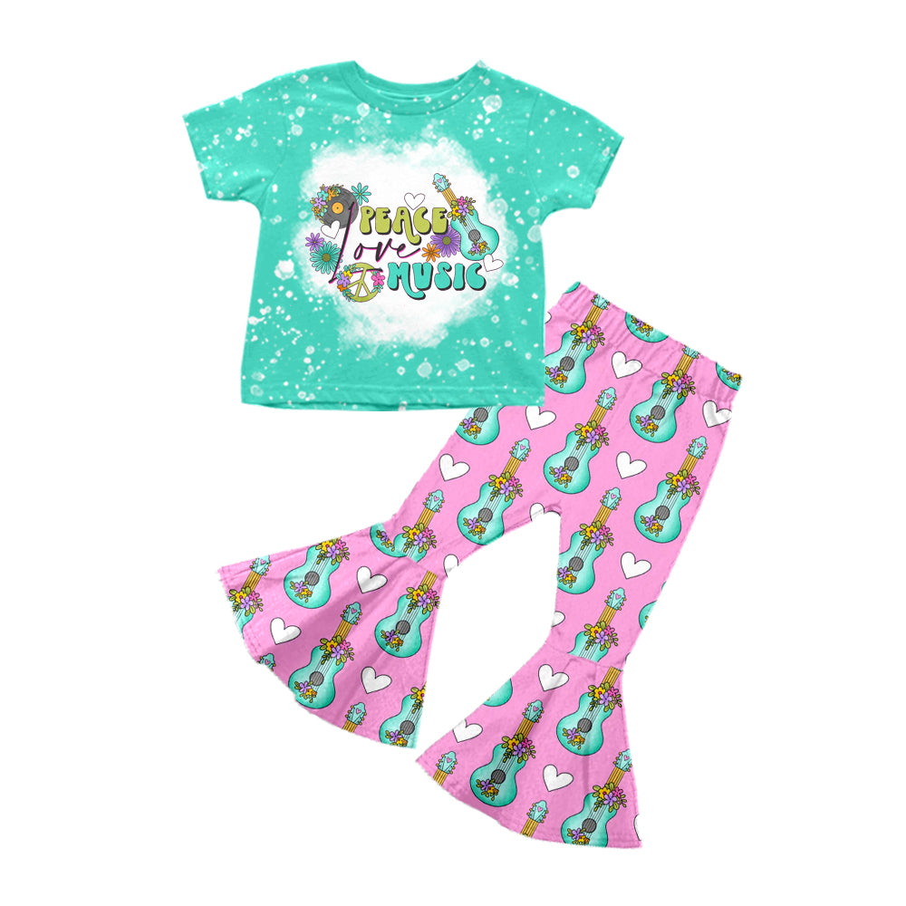 Baby Girls Short Sleeve Peace Love Music Shirt Bell Pants Outfits Sets preorder(moq 5)