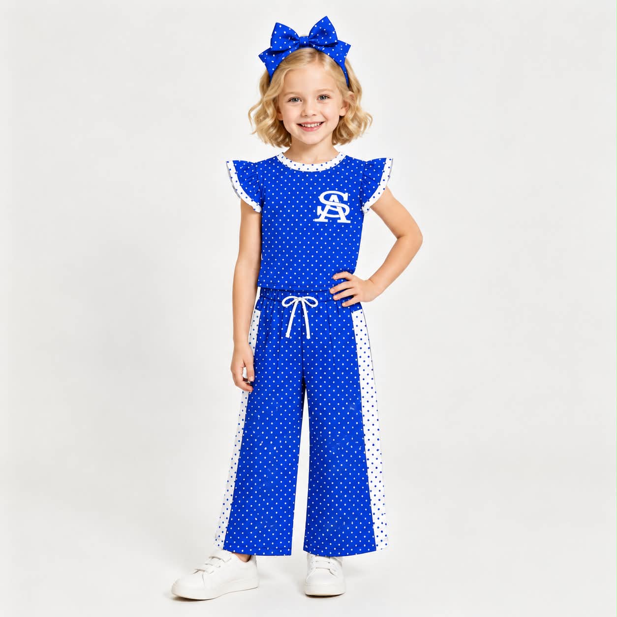 Preorder (moq 5)Baby Girls Flutter Sleeve SA Polka Dots Top Flare Pant Team Clothes