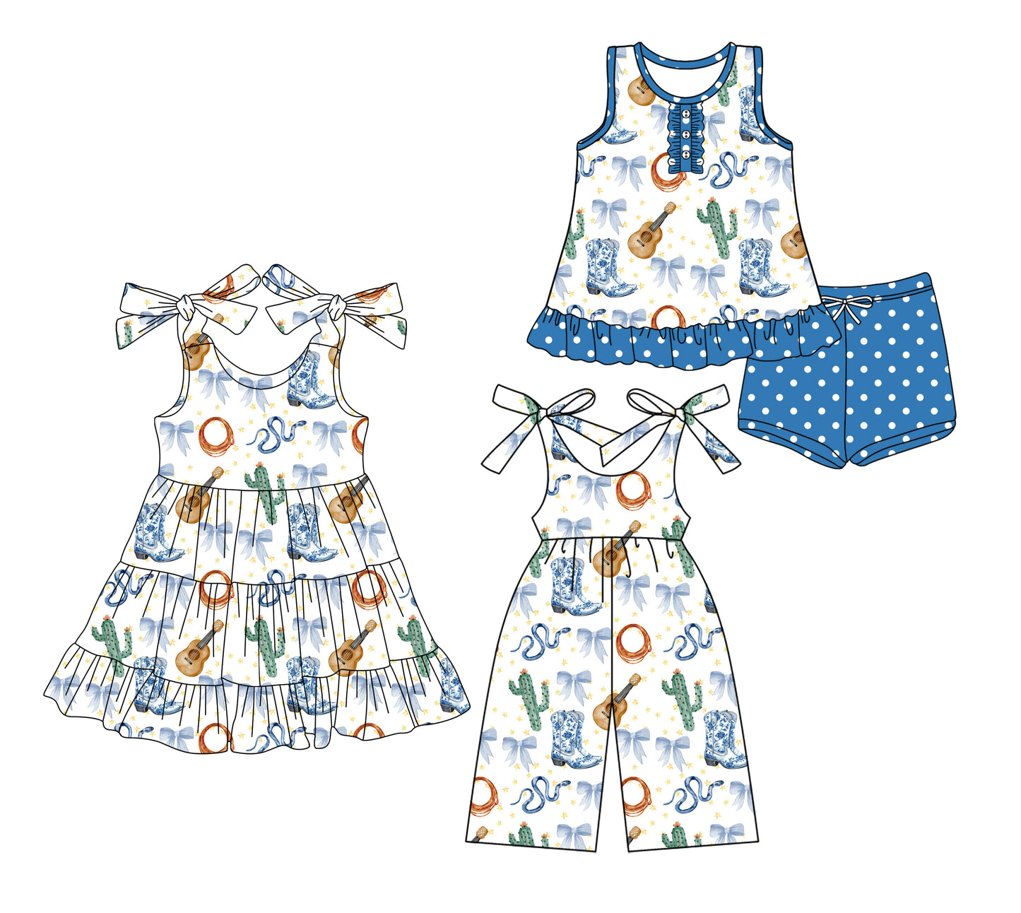 Preorder moq 5 Custom Baby Girls Blue Boots Cactus Button Tunic Polka Dots Short Set Knee Length Dress Jumpsuits