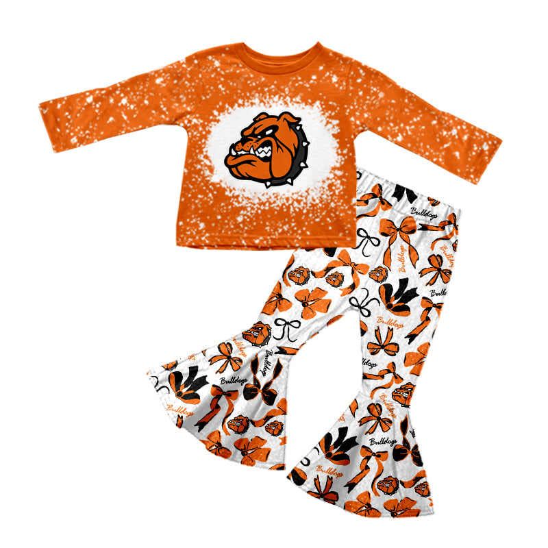 Preorder (moq 5)Baby Girls Bulldogs Top Bows Bell Bottom Pants Team Sets