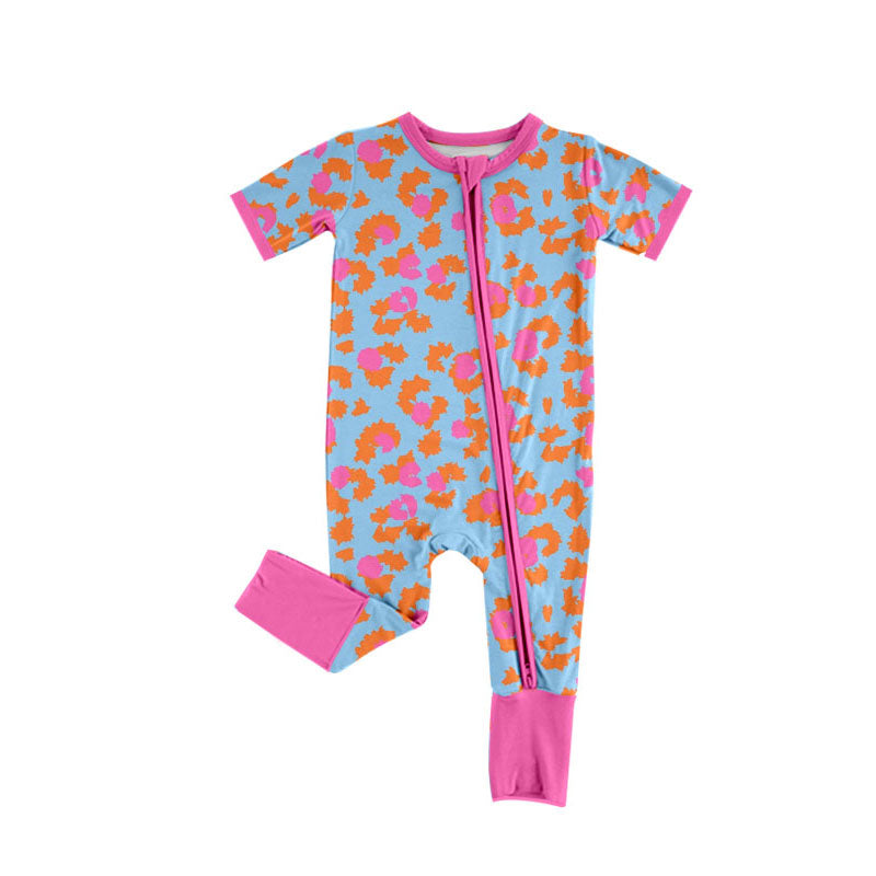 Preorder(moq 8)Baby Girls Orange Pink Leopard Zipper Footie Rompers