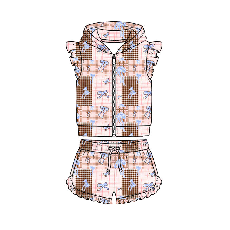 Preorder (moq 5)Baby Girls Bows Checked Hoodie Zip Jacket Ruffle Short Clothes Sets