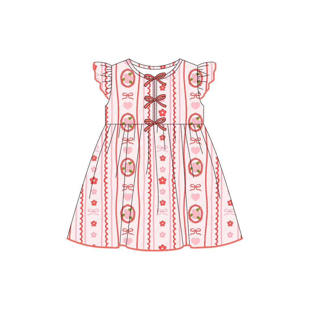Preorder (moq 5)Baby Girls Flutter Sleeves Pink Bows Flowers Stripes Knee Length Dresses