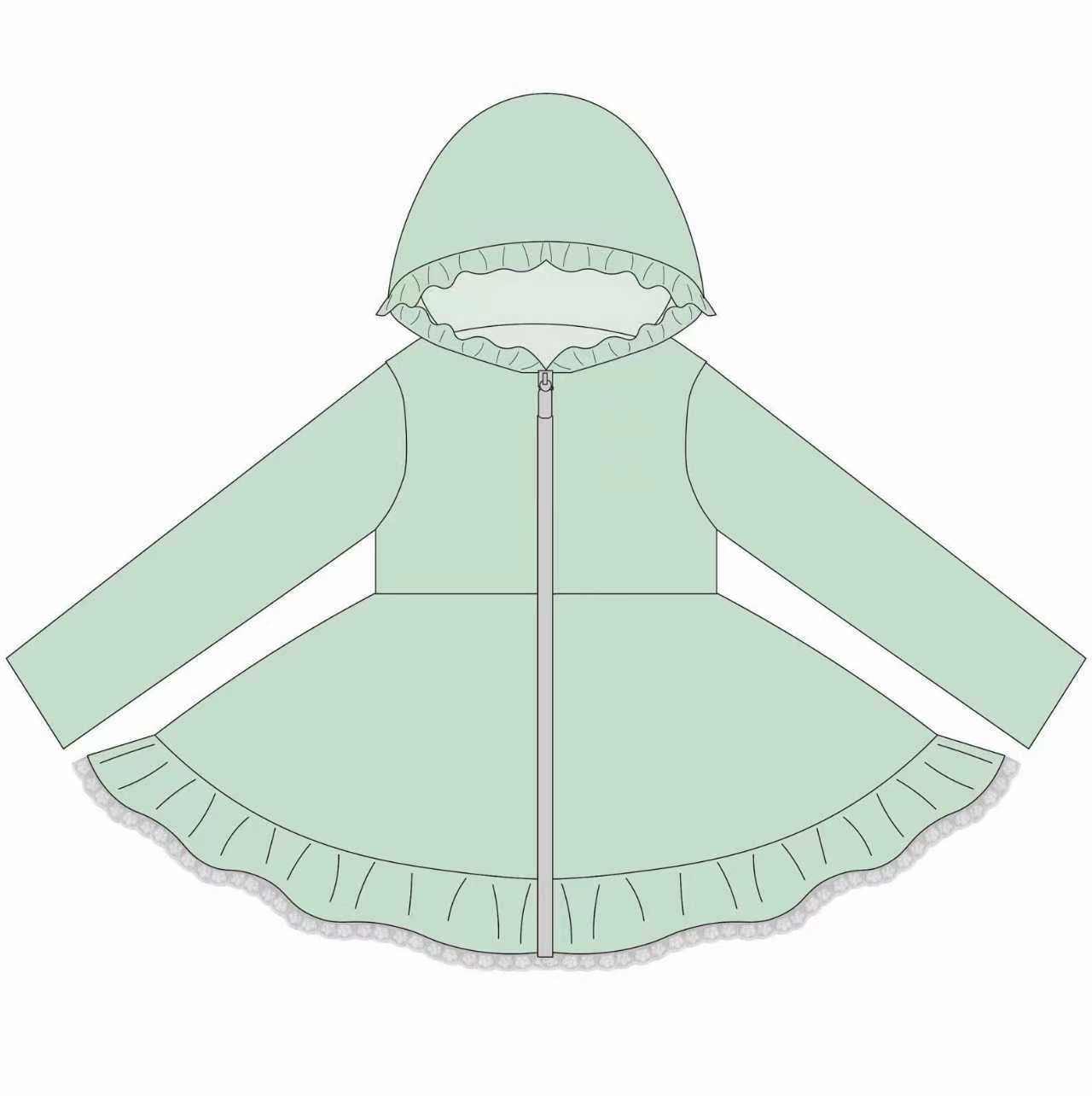Preorder (moq 5)Baby Girls Green Long Sleeve Zipper Ruffle Hoodie Knee Length Dresses
