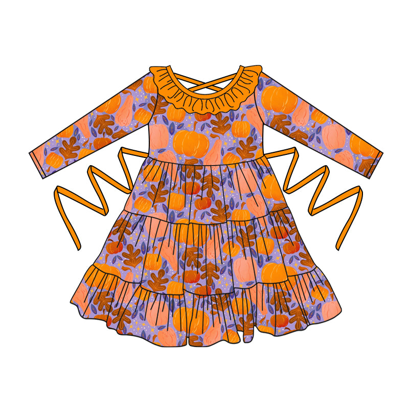 Preorder moq 5 Baby Girls Orange Long Sleeves Leaves Pumpkins With Belt Ruffle Knee Length Dresses