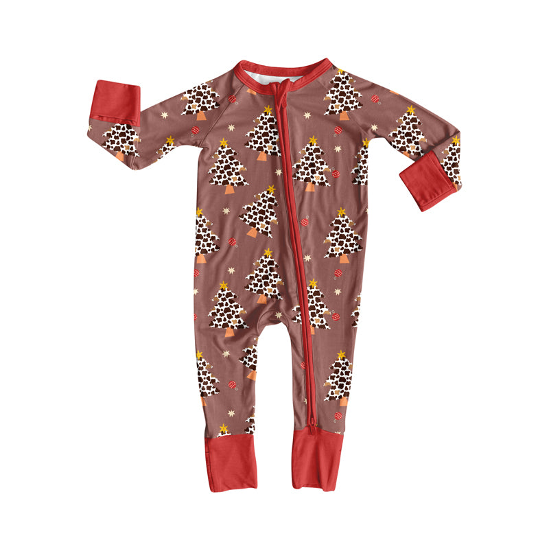 Preorder(moq 5)Baby Girls Christmas Leopard Trees Zipper Footie Rompers