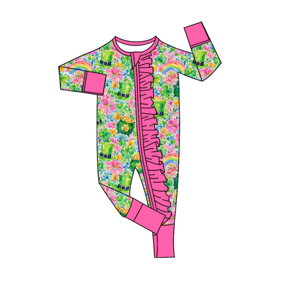Preorder (moq 5) Baby Girl Clothes St Patrick’s Day Watercolor Gold Pot Rainbow Clover Print Long Sleeve Zipper Pink Ruffle Romper