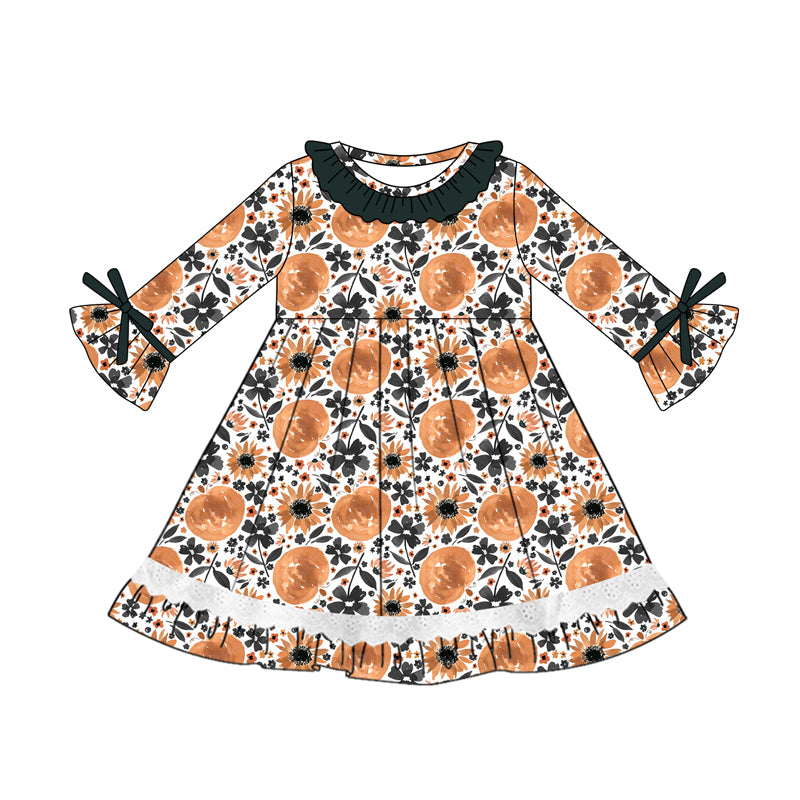 Preorder (moq 5)Baby Girls Long Sleeves Pumpkins Flowers Lace Ruffle Knee Length Dresses