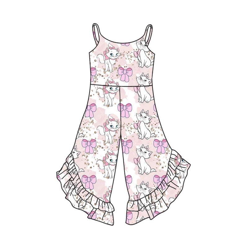 Preorder (moq 5)Baby Girls Pink Strap Cartoon Cats Bows Bell Bottom Jumpsuits
