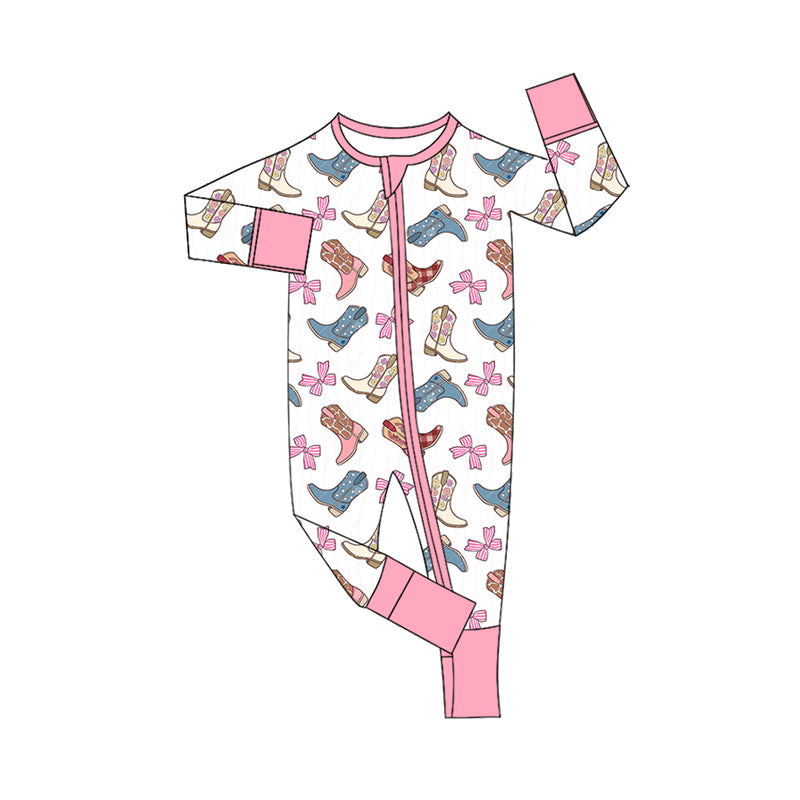 Preorder (moq 5)Baby Girls Flower Boots Bows Western Two Way Zip Convertible Rompers