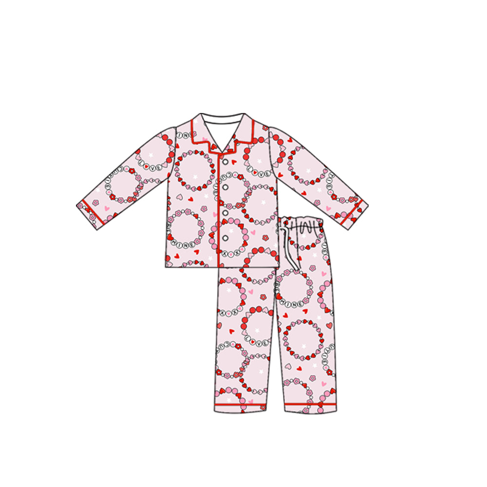 preorder(moq 5) Baby Girls Long Sleeves Pink Flowers Hearts Button Top Pants Pajamas Set