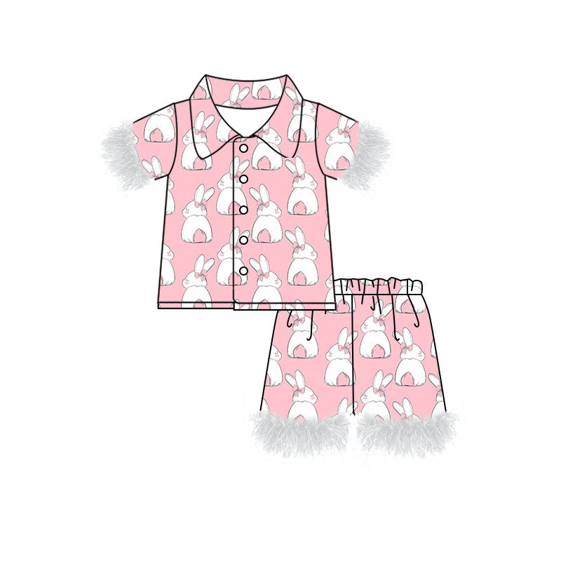 Preorder (moq 5)Baby Girls Pink Rabbits Button Top Shorts Easter Fur Pajamas Sets