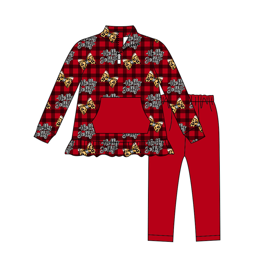 Preorder (moq 5)Baby Girls Long Sleeves Red Plaid Leopard Bows Pocket Zipper Top Legging Pants Set