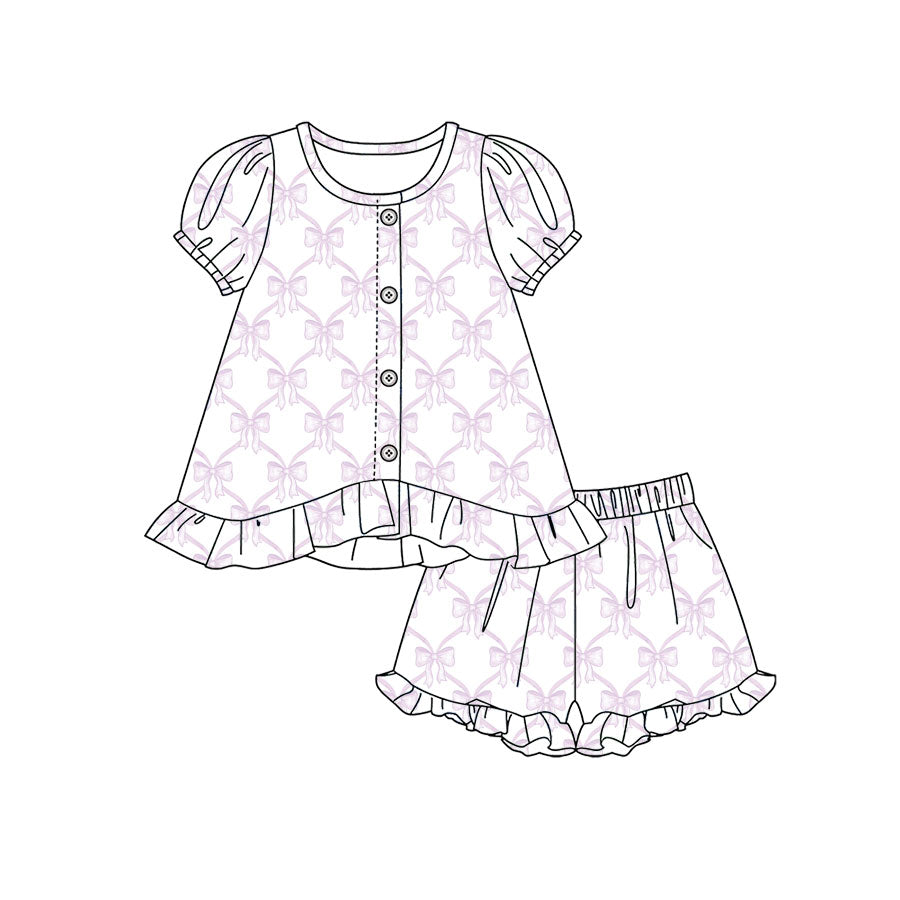 Preorder moq 5 Baby Girls Lavender Bows Checked Button Tunic Ruffle Shorts Clothes Set