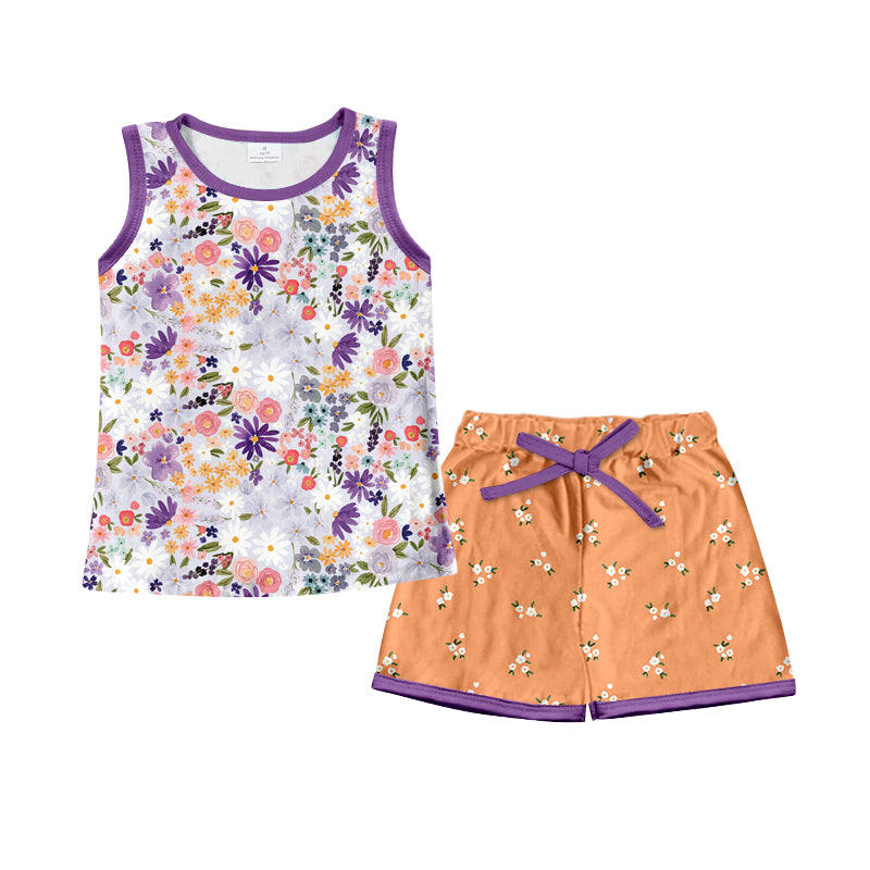 Preorder (moq 5)Baby Girls Purple Sleeveless Floral Top Khaki Shorts Clothes Sets