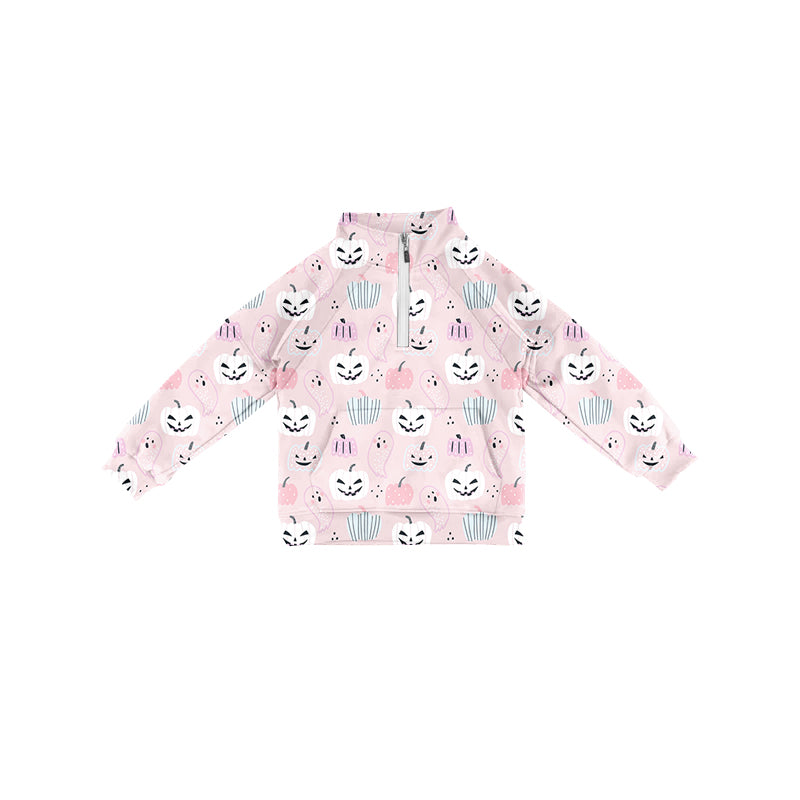 Preorder (moq 5)Baby Girls Long Sleeves Pink Ghost Pumpkins Pocket Zipper Pullovers Top