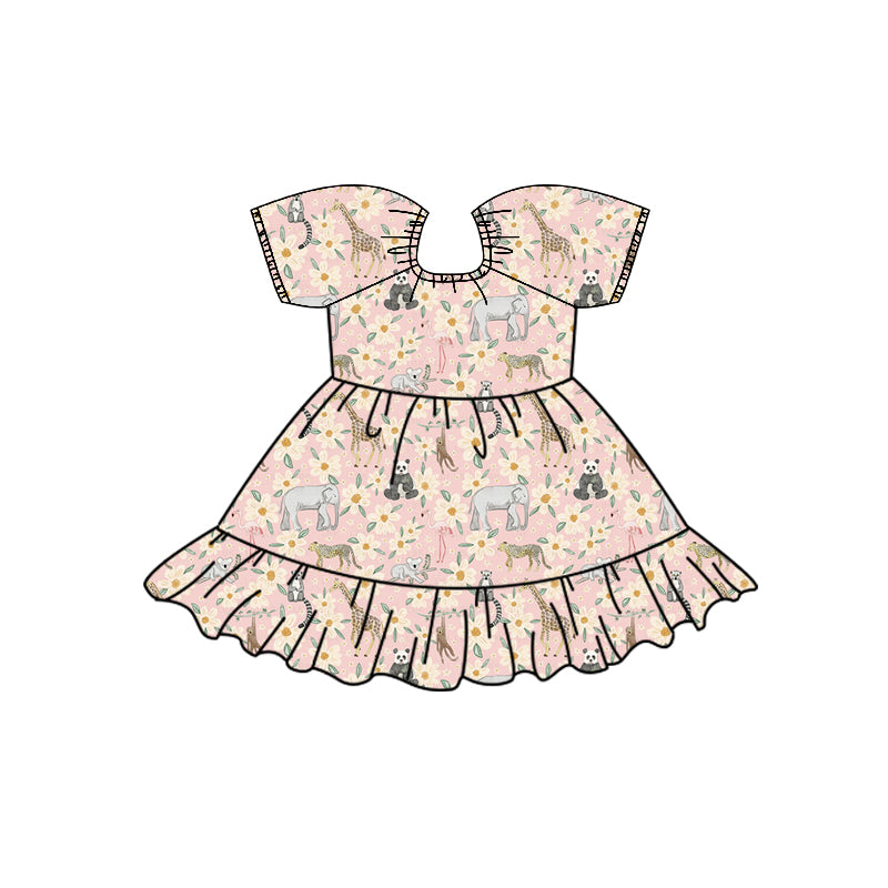 Preorder (moq 5)Baby Girls Zoo Animals Flowers Ruffle Knee Length Dresses