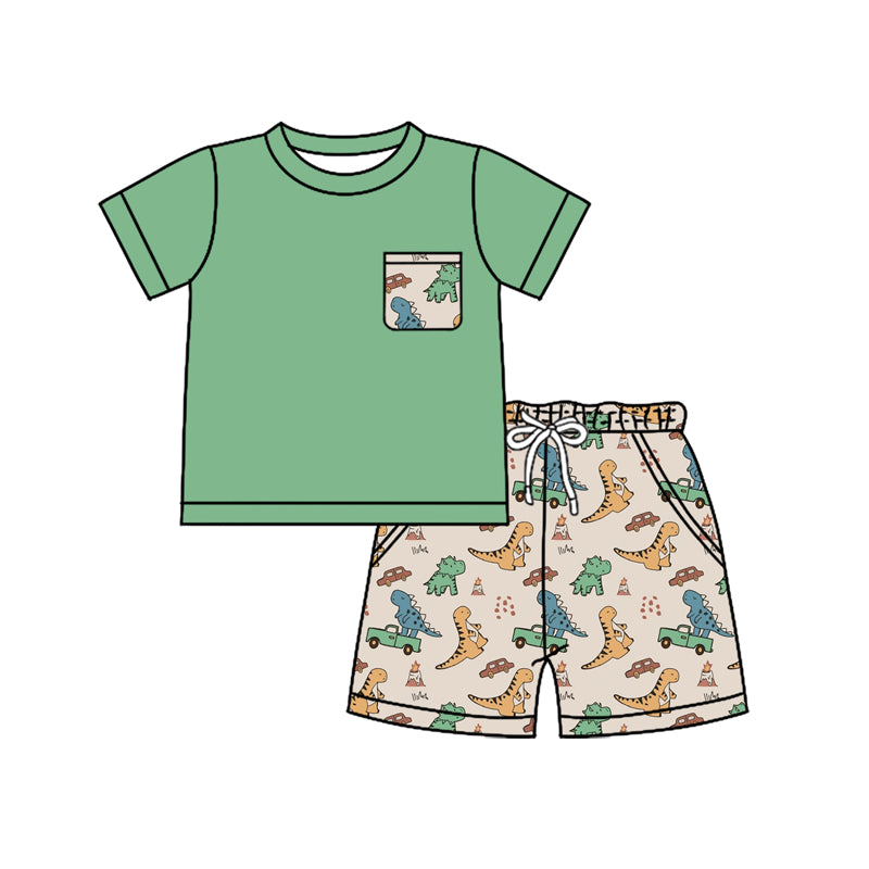 Preorder moq 5 Baby Boys Green Short Sleeves Pocket Top Colorful Dinosaurs Short Set