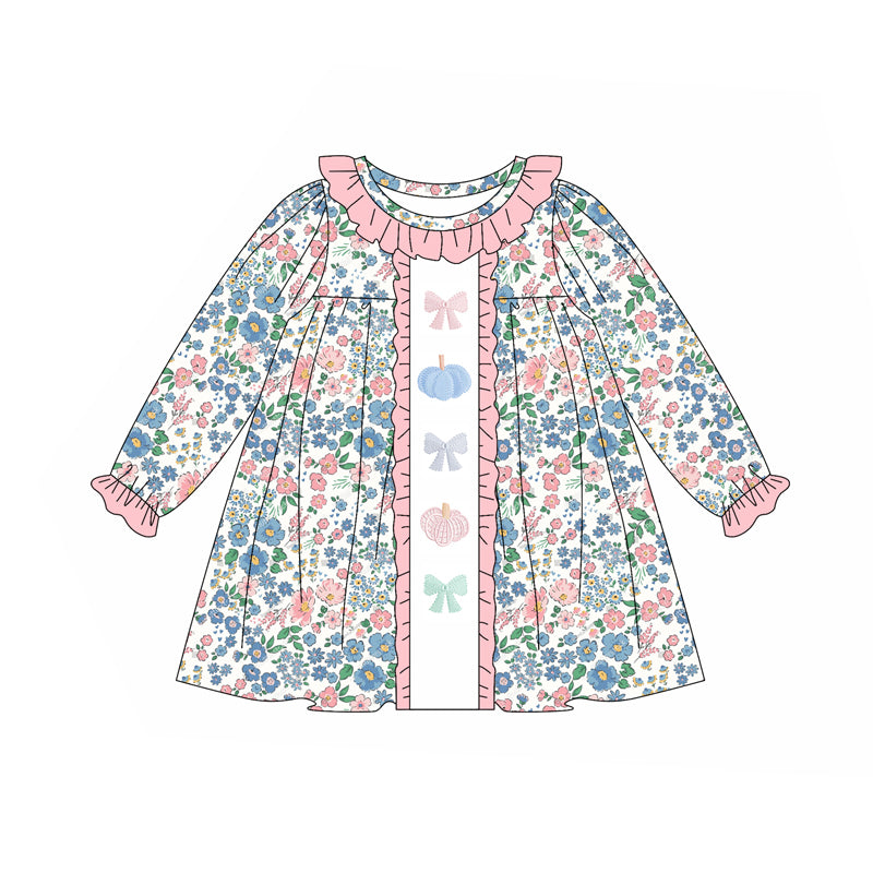 Preorder (moq 5)Baby Girls Long Ruffle Sleeves Blue Floral Bows Pumpkins Knee Length Dresses