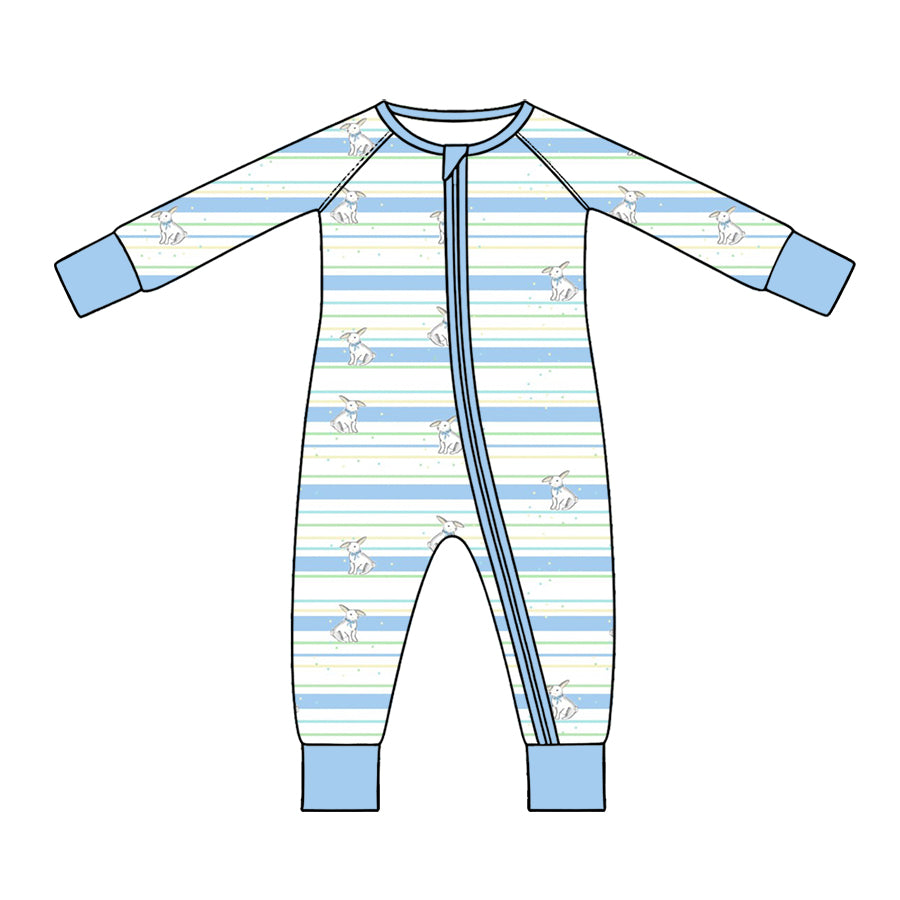 Preorder (moq 5) Baby Boy Clothes Easter Blue Stripe Bunny Print Long Sleeve Zipper Romper