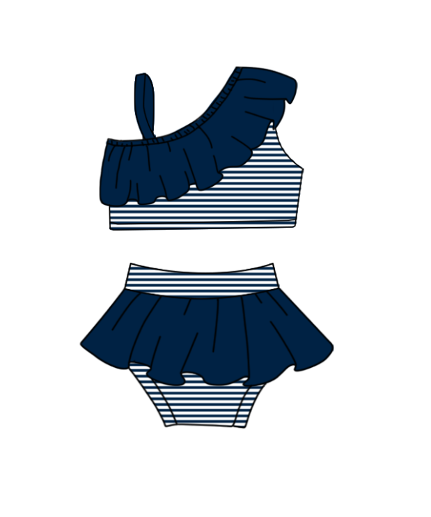 Preorder moq 5 Baby Girls Navy Stripe Top Bummies Short Team Swimsuits