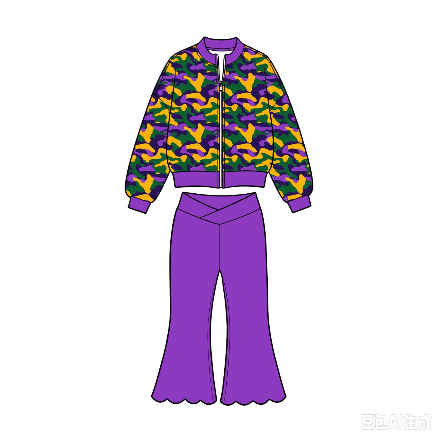 Pre-order(moq5) Girls’ Fall Purple Camouflage Long-Sleeve Round-Neck Zip-Up Top & Flare Pants Set