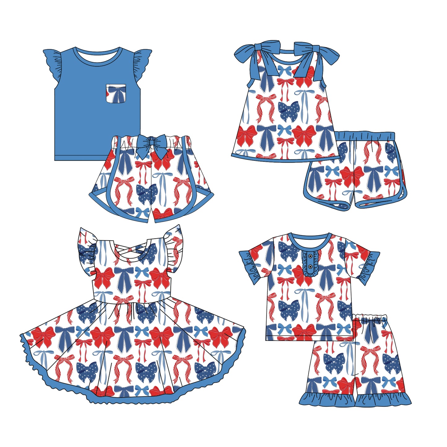 Preorder moq 5 Custom Baby Girls Blue Red Bows Top Short 4th Of July Sets Knee Length Dresses