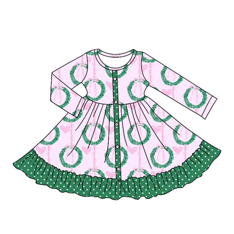 Preorder moq 5 Baby Girls Long Sleeves Green Garland Hearts Button Ruffle Knee Length Dresses