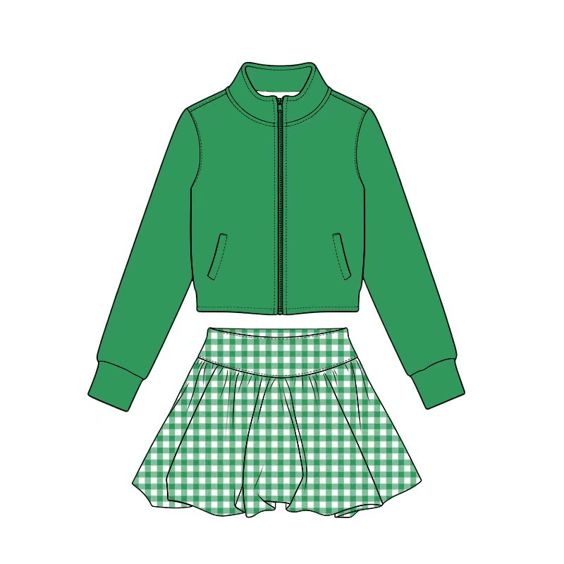 Preorder (moq 5) Baby Girl Clothes Solid Green Plain Print Long Sleeve Zip Jacket Gingham Skirt Yoga Outfit Set