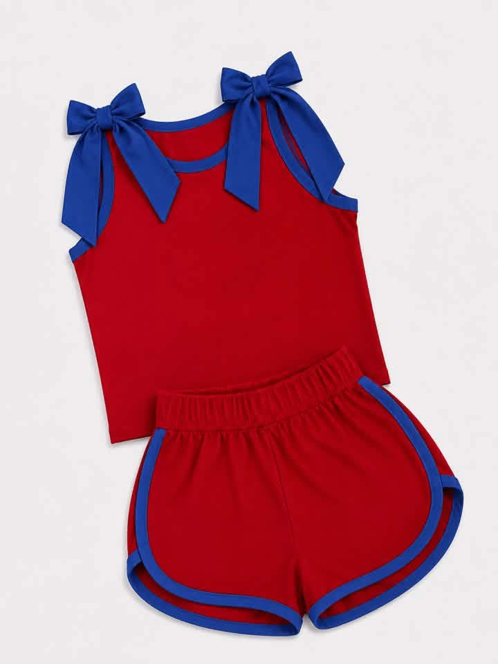 Preorder (moq 5)Baby Girls Red Blue Bows Top Shorts Team Clothes Sets