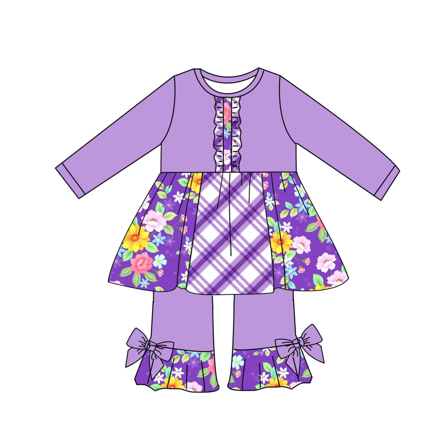 Preorder (moq 5)Baby Girls Purple Checked Flowers Button Tunic Ruffle Pants Clothes Sets