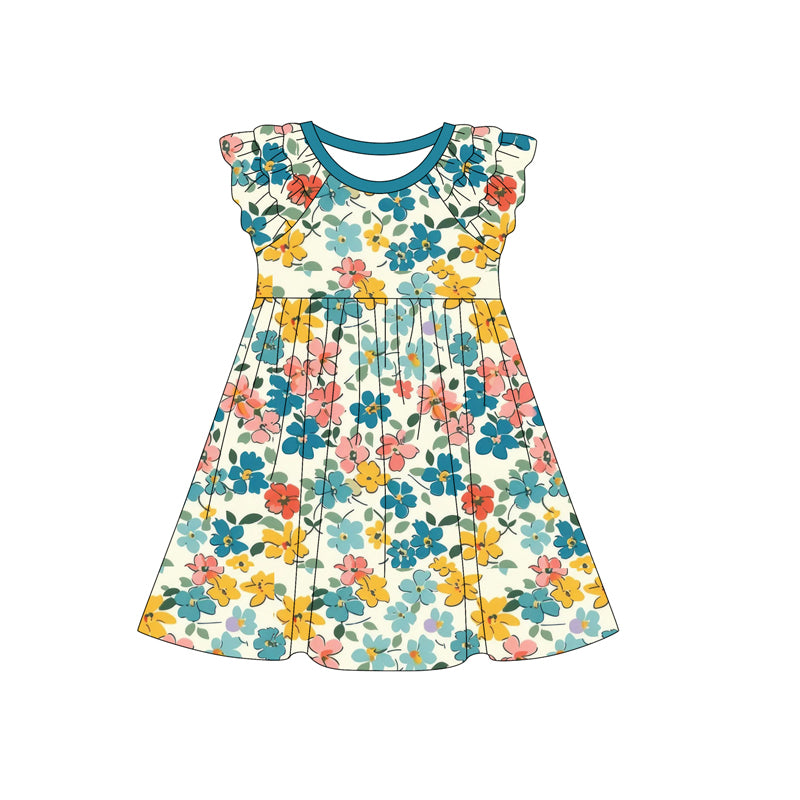 Preorder (moq 5)Baby Girls Dark Green Flowers Spring Ruffle Knee Length Dresses