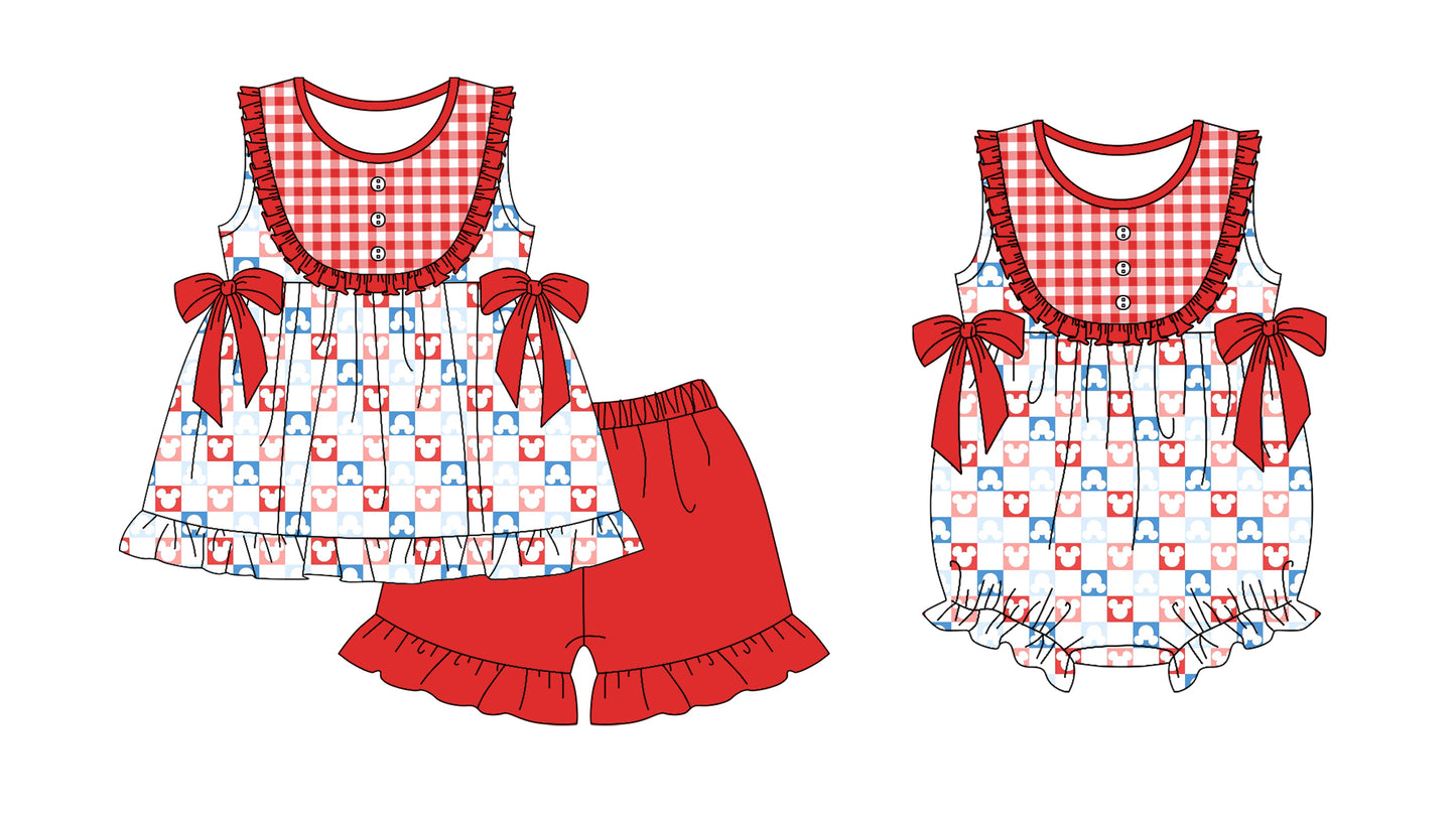 Preorder(moq 5 each)Sibling Baby Girls 4th Of July Cartoon Bows Tunic Top Shorts Bows Rompers Clothes Sets