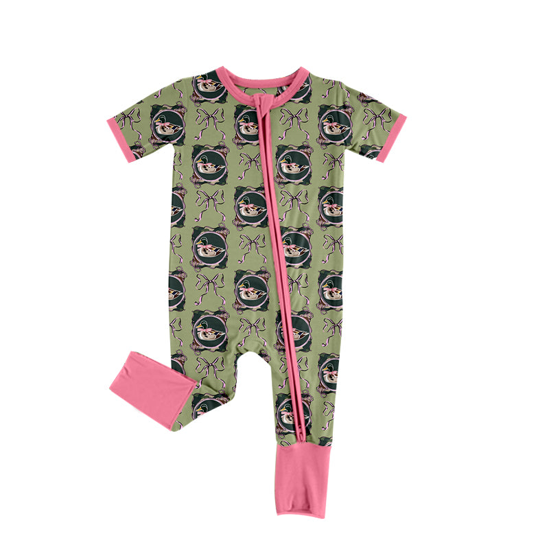Preorder (moq 5)Baby Girls Bows Ducks Checked Western Zipper Footie Rompers