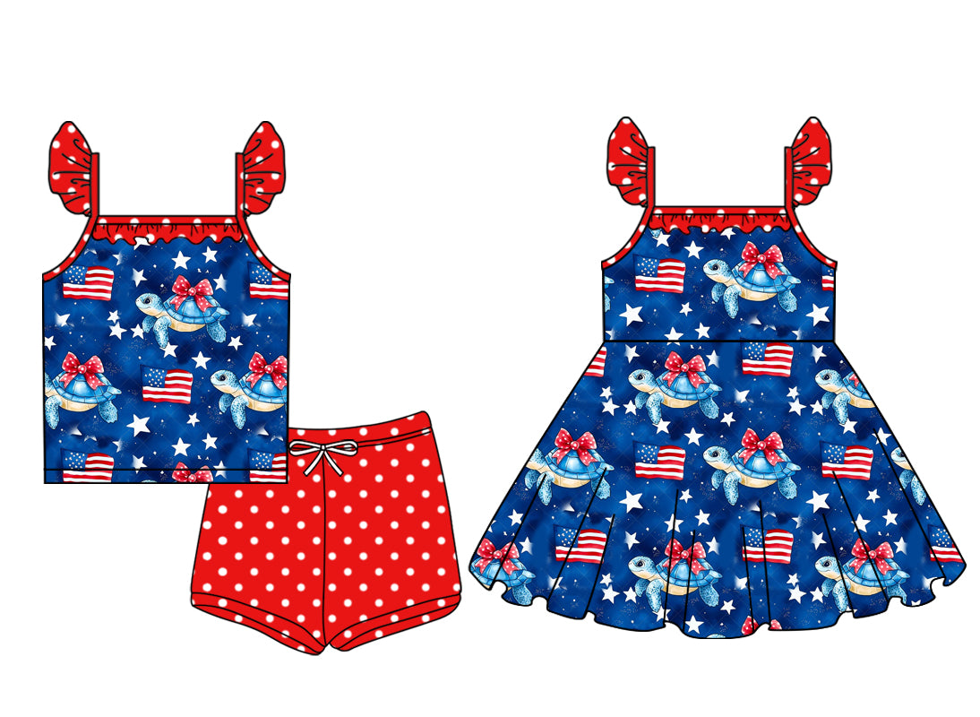 Preorder moq 5 Custom Baby Girls Flags Tortoise Tunic Polka Dots Short 4th Of July Set Knee Length Dress