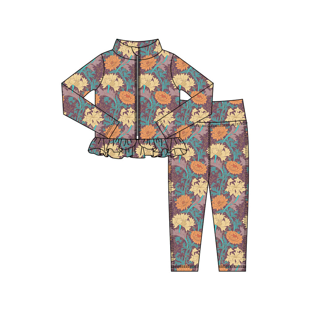 Preorder(moq 5) Baby Girls Flowers Plaid Zipper Jacket Leggings Clothes Sets